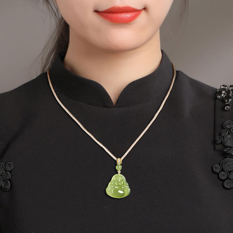Green Jade Laughing Buddha Prosperity Rope Necklace Pendant – wearing on collarbone with green dress, elegant accessory