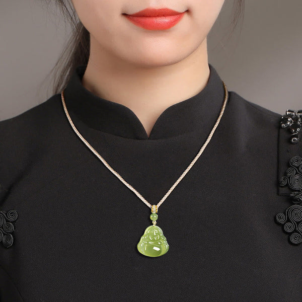 Green Jade Laughing Buddha Prosperity Rope Necklace Pendant – wearing on collarbone with green dress, elegant accessory