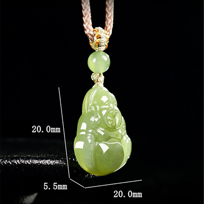 Green Jade Laughing Buddha Prosperity Rope Necklace Pendant – Buddha holding gold ingot detail, wealth attraction