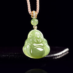 Green Jade Laughing Buddha Prosperity Rope Necklace Pendant – Laughing Buddha belly rubbing pose, abundance symbol