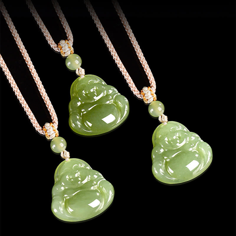 Green Jade Laughing Buddha Prosperity Rope Necklace Pendant – side view showing jade thickness, quality carving