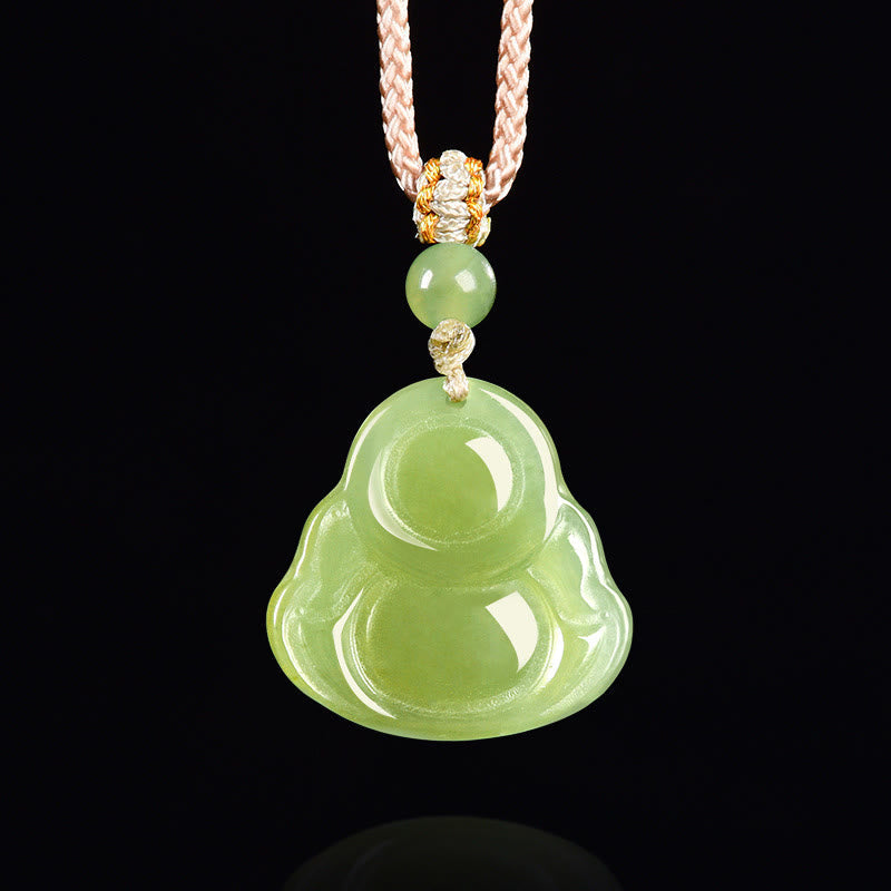 Green Jade Laughing Buddha Prosperity Rope Necklace Pendant – red rope cord with jade pendant, traditional Chinese jewelry
