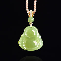 Green Jade Laughing Buddha Prosperity Rope Necklace Pendant – red rope cord with jade pendant, traditional Chinese jewelry