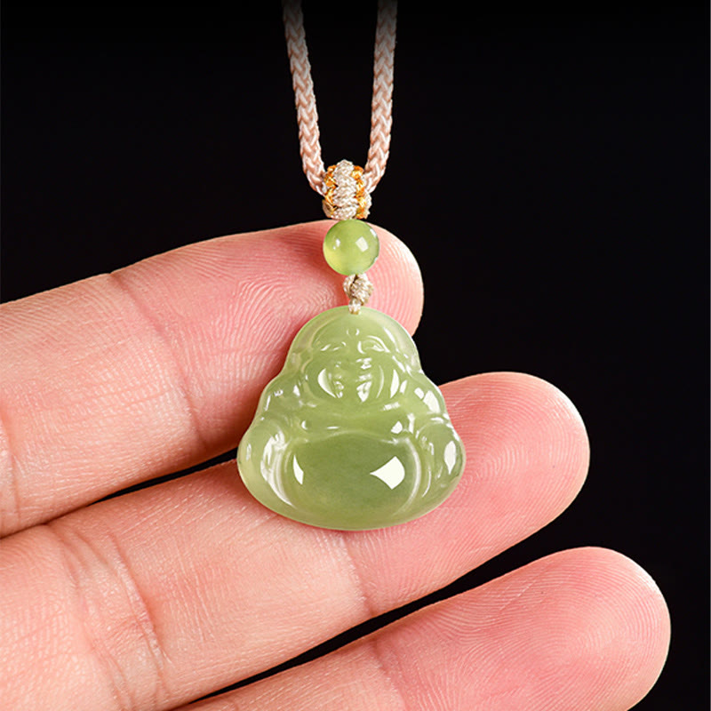 Green Jade Laughing Buddha Prosperity Rope Necklace Pendant – adjustable rope length knot, versatile necklace fit