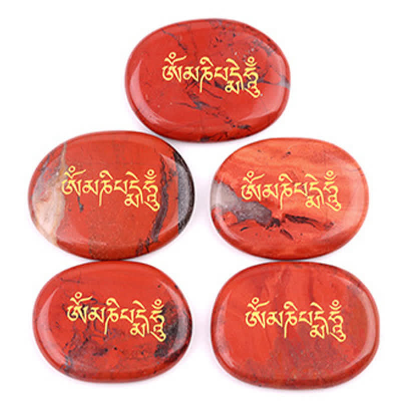 Om Mani Padme Hum Palm Stone – Five red jasper stones with gold mantra, multi-stone set