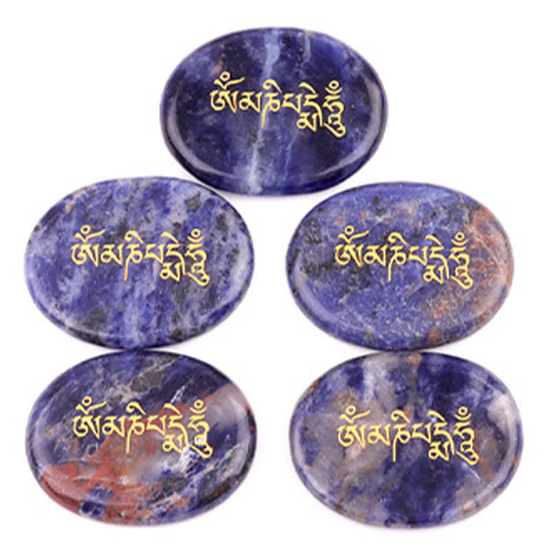 Om Mani Padme Hum Palm Stone – Five blue sodalite stones with white veining and gold text