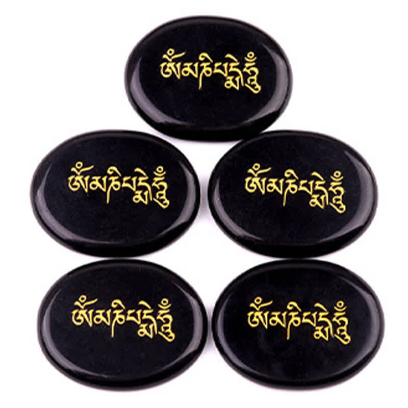 Om Mani Padme Hum Palm Stone – Five black obsidian stones with gold Tibetan script