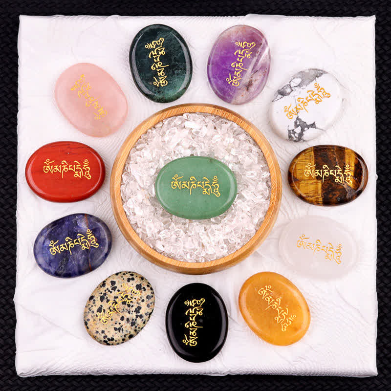 Om Mani Padme Hum Palm Stone – 12 engraved stones in circle around crystal bowl