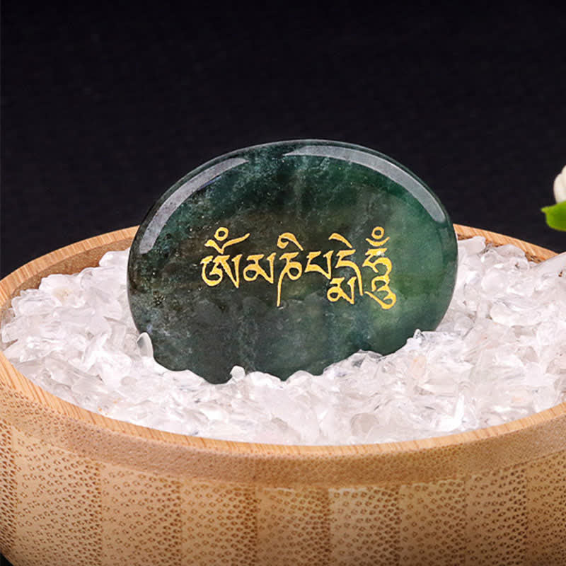 Om Mani Padme Hum Palm Stone – Green jade stone with gold mantra in wooden bowl