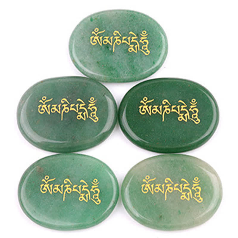 Om Mani Padme Hum Palm Stone – Five green aventurine stones with gold engraving, luck stone