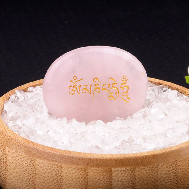 Om Mani Padme Hum Palm Stone – Pink rose quartz with gold mantra in crystal chip bowl