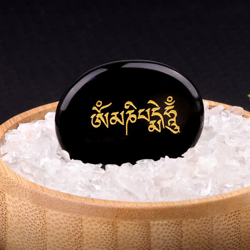 Om Mani Padme Hum Palm Stone – Black obsidian with gold mantra engraving, protection stone