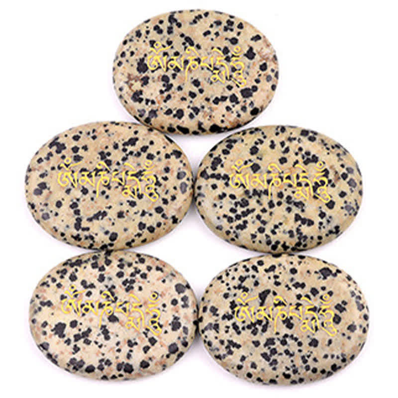 Om Mani Padme Hum Palm Stone – Five spotted dalmatian jasper stones with gold engraving