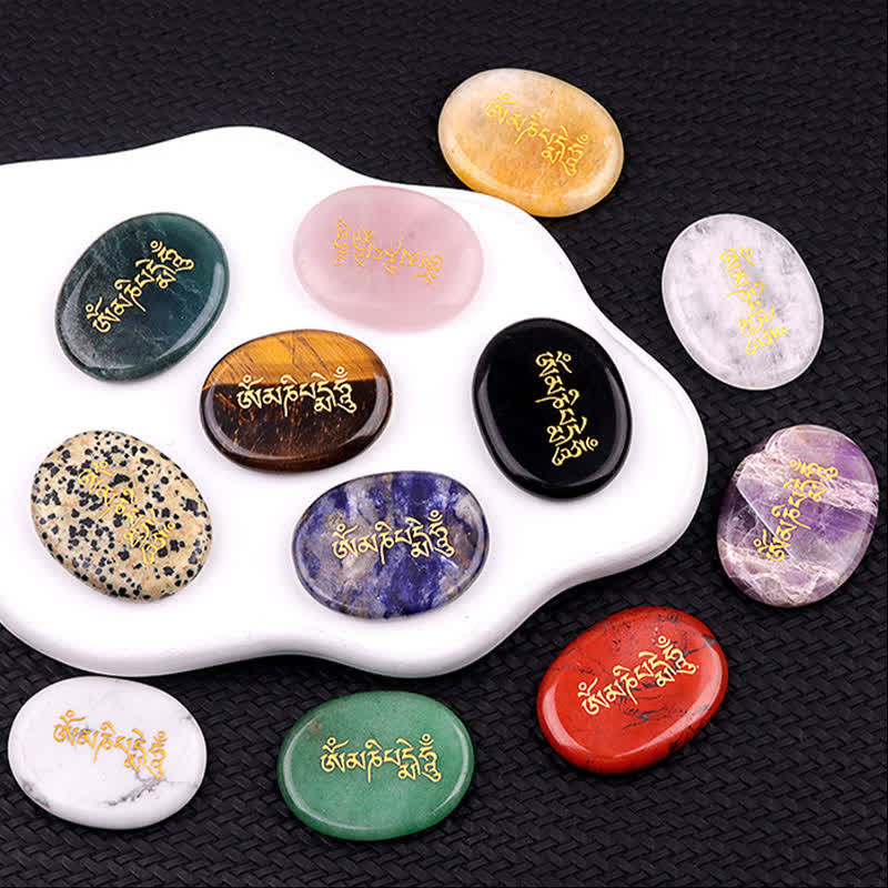 Om Mani Padme Hum Palm Stone – 11 colorful gemstones on white cloud tray, crystal set