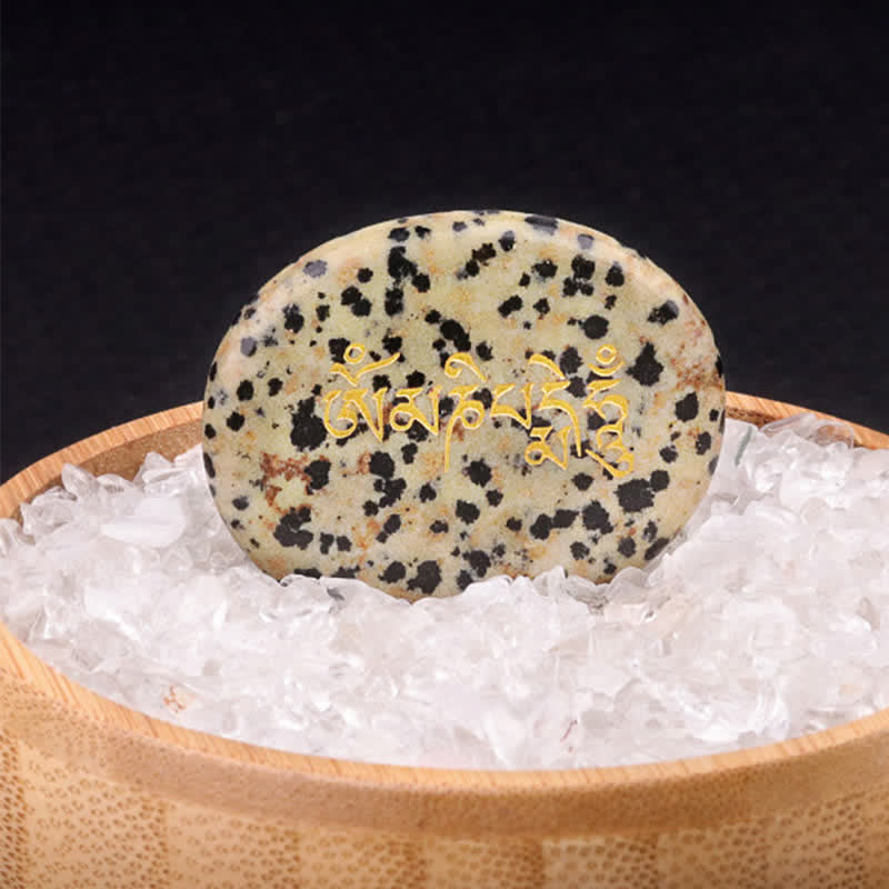 Om Mani Padme Hum Palm Stone – Dalmatian jasper with gold mantra in crystal chips