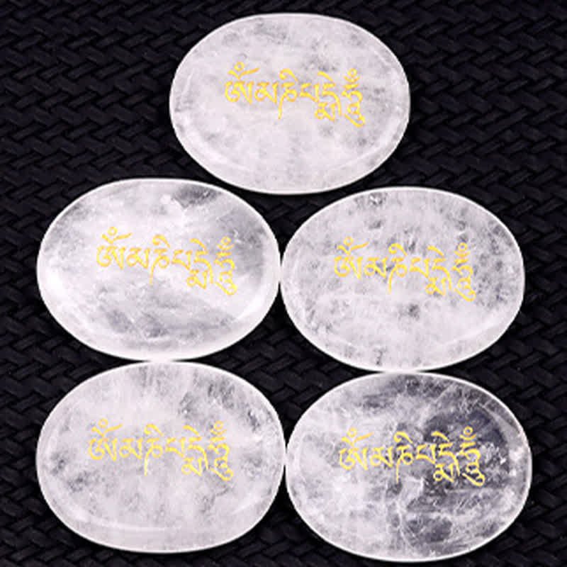 Om Mani Padme Hum Palm Stone – Five translucent white quartz stones with gold engraving