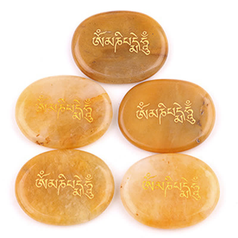 Om Mani Padme Hum Palm Stone – Five golden citrine stones with gold mantra, abundance
