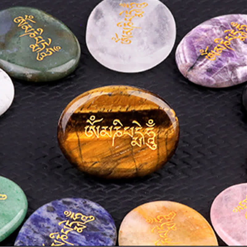 Om Mani Padme Hum Palm Stone – Multi-color mantra stones on dark slate, zen decor