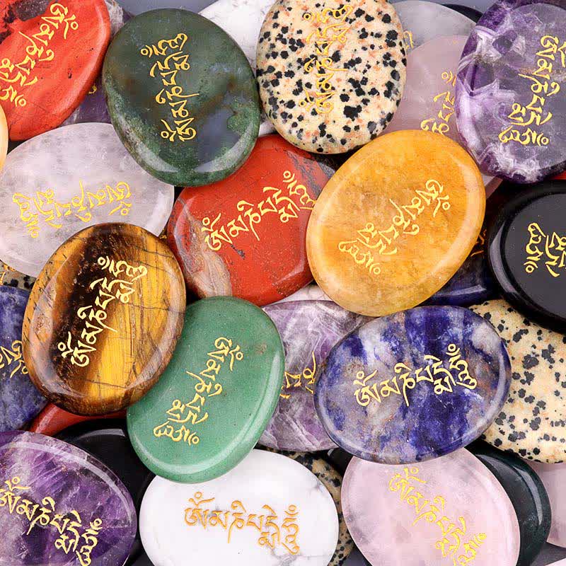 Om Mani Padme Hum Palm Stone – Colorful gemstone mosaic of engraved mantra stones