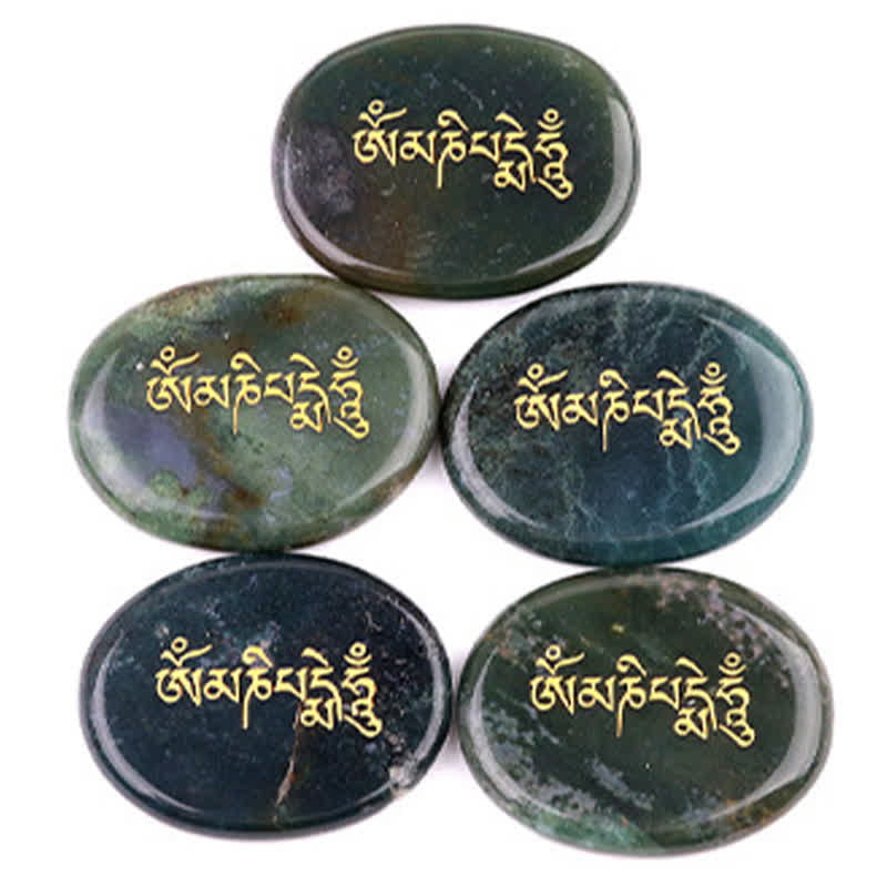 Om Mani Padme Hum Palm Stone – Five forest green palm stones with gold mantra engraving