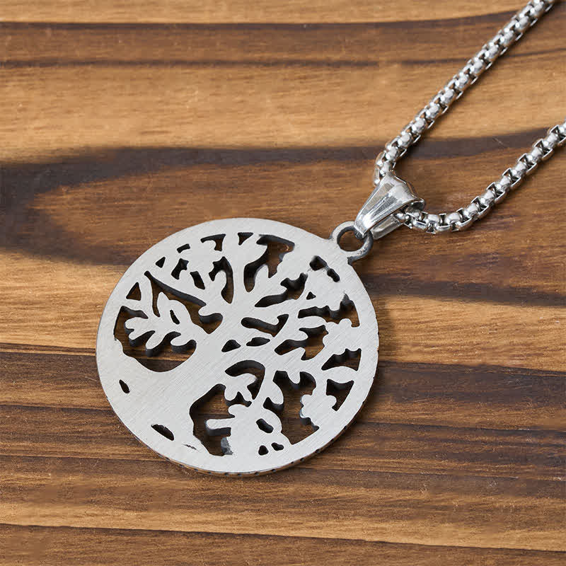 Tree of Life Titanium Steel Necklace – Back view showing laser-cut tree pattern, brushed metal finish