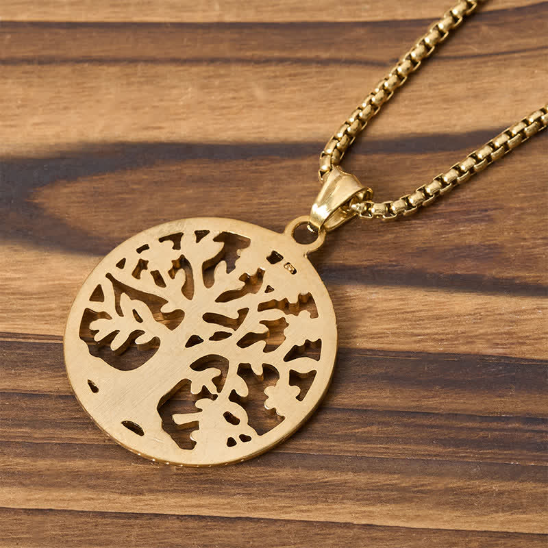 Tree of Life Titanium Steel Necklace – Back view of gold pendant cut-out tree silhouette, brushed finish