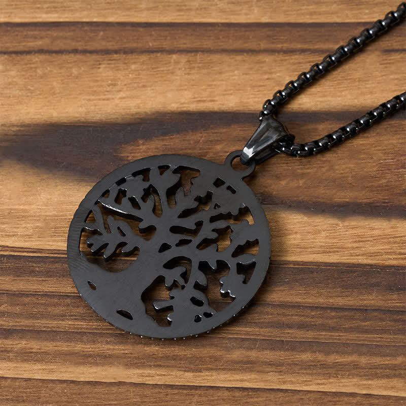 Tree of Life Titanium Steel Necklace – Back view of black pendant laser-cut tree pattern, matte finish