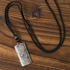 Copper Plated With Silver Dragon Rope Strength Necklace Pendant – Silver medallion on black cord, wood, Strong