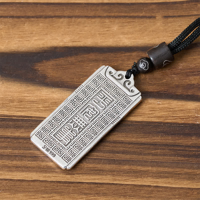Copper Plated With Silver Dragon Rope Strength Necklace Pendant – 999 silver huiwen pattern, black cord, Enduring