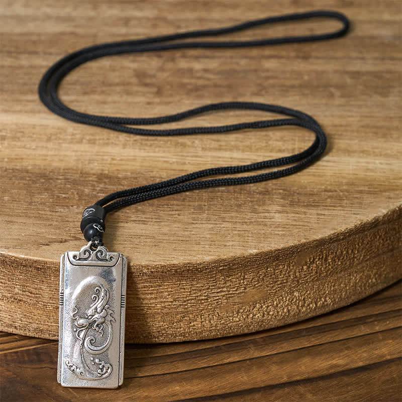 Copper Plated With Silver Dragon Rope Strength Necklace Pendant – Dragon relief on natural wood slab, Grounded