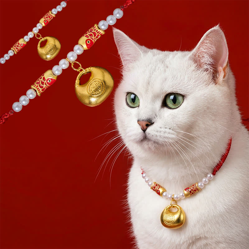 Red String Koi Fish Pet Collar – white cat wearing red cord with pearls, gold koi beads, fu lock, on red background