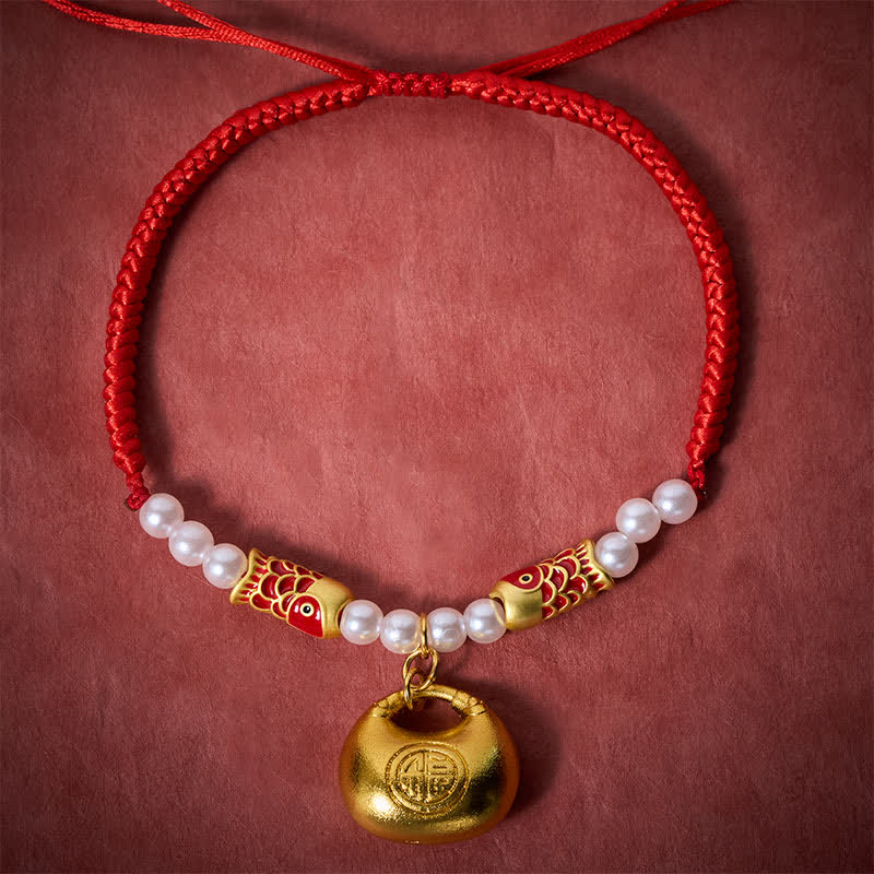 Red String Koi Fish Pet Collar – top-down flat lay, red braided cord with gold fu lock, koi beads, pearls on red