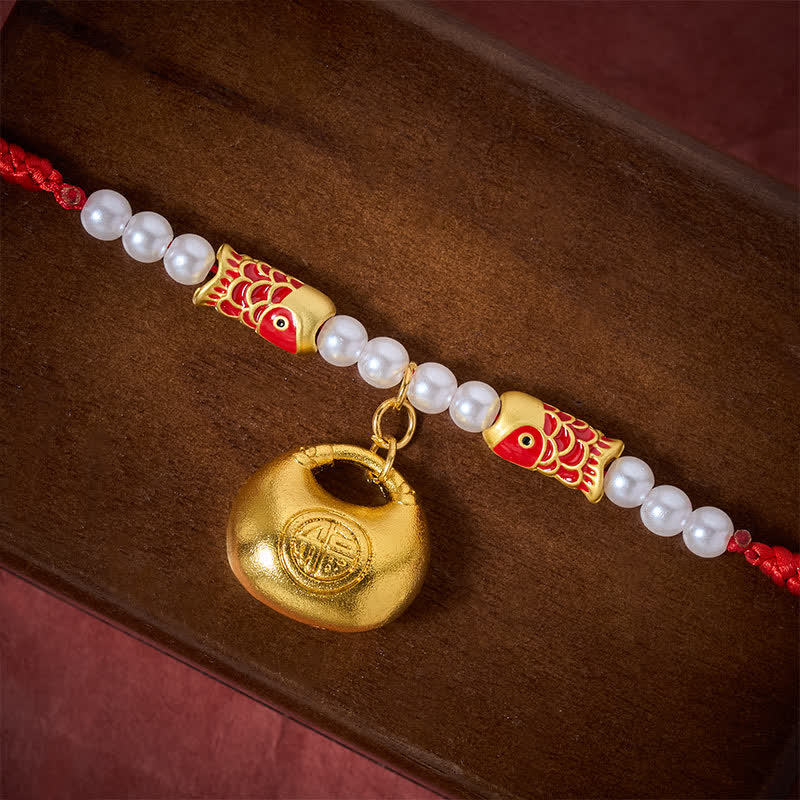 Red String Koi Fish Pet Collar – macro close-up on brown velvet, gold koi beads, fu lock pendant, craftsmanship