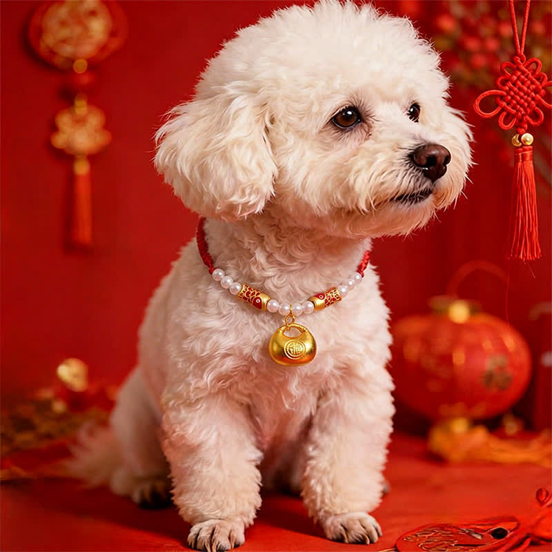 Red String Koi Fish Pet Collar – dog wearing red collar, fu lock, pearls, CNY lanterns and Chinese knot decor
