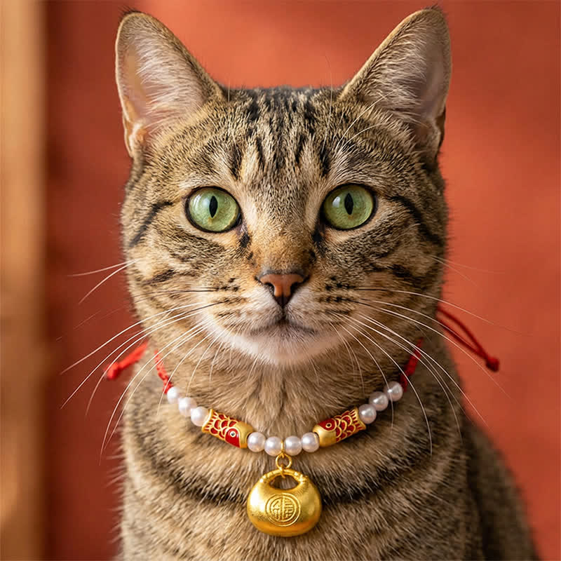 Red String Koi Fish Pet Collar – tabby cat wearing red cord, pearls, gold koi beads, fu lock, terracotta background