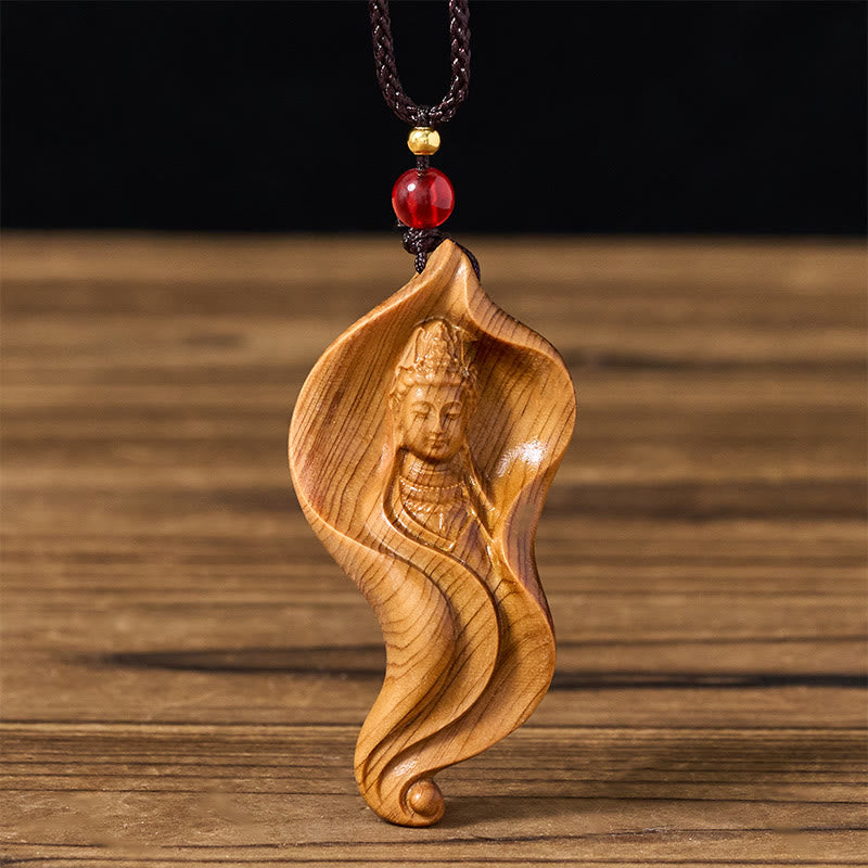 Guanyin Avalokitesvara Platycladus Wood Wealth Necklace Pendant – front carving of Guanyin face, sacred wood necklace