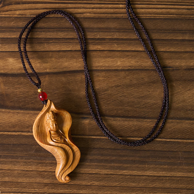 Guanyin Avalokitesvara Platycladus Wood Wealth Necklace Pendant – Avalokitesvara holding lotus flower, compassion charm