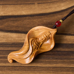 Guanyin Avalokitesvara Platycladus Wood Wealth Necklace Pendant – pendant with silk cord in natural light, zen accessory