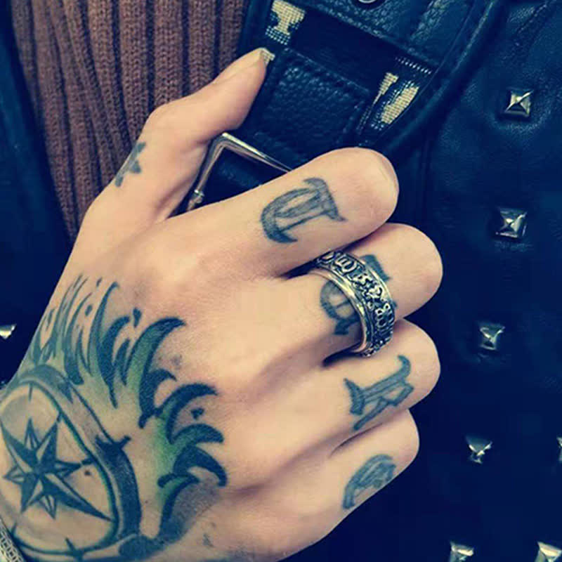 Pixiu Om Mani Padme Hum Copper Rotatable Ring for Men – Hand model with leather jacket, everyday style wear