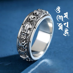Pixiu Om Mani Padme Hum Copper Rotatable Ring for Men – Side view with Pixiu engraving on blue, feng shui ring