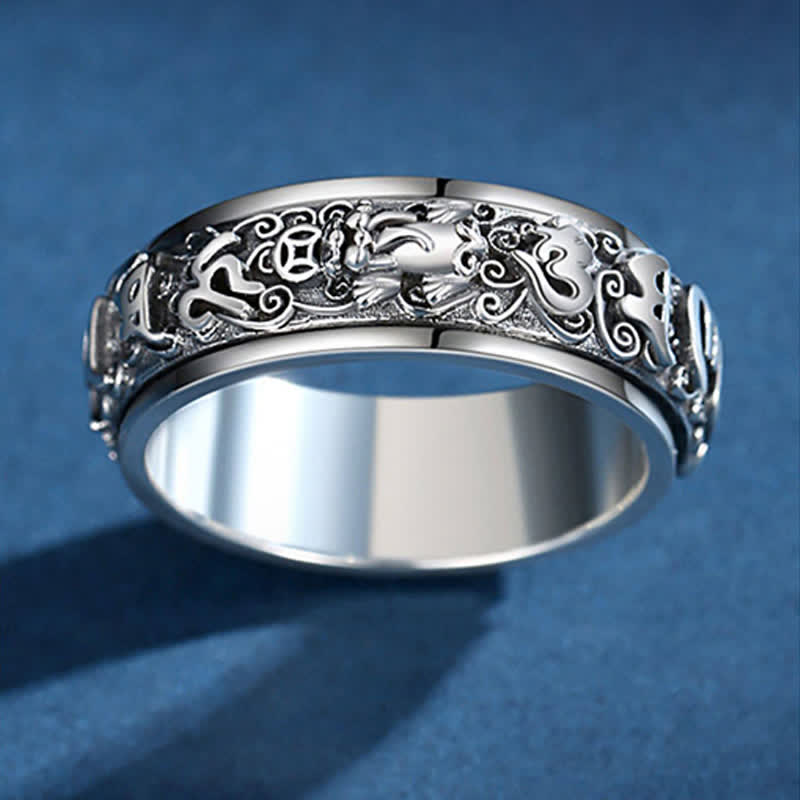 Pixiu Om Mani Padme Hum Copper Rotatable Ring for Men – Front view Pixiu engraving on blue, men's wealth ring
