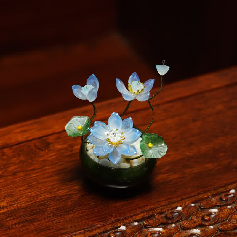 Lotus Liuli Crystal Flowerpot – white lotus with pale blue edges on rosewood, golden stamen detail, purity art piece