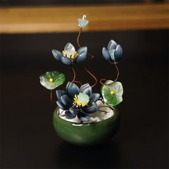 Lotus Liuli Crystal Flowerpot – triple lotus arrangement with buds on dark wood stand, translucent petals, zen table decor