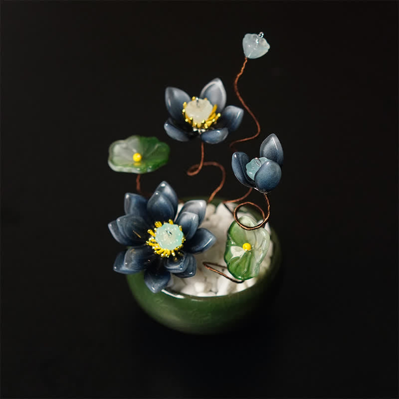Lotus Liuli Crystal Flowerpot – blue lotus blooms in green jade bowl on black background, gold stamens, liuli art decor