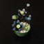 Lotus Liuli Crystal Flowerpot – blue lotus blooms in green jade bowl on black background, gold stamens, liuli art decor