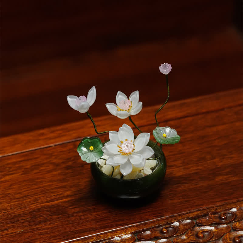 Lotus Liuli Crystal Flowerpot – pink gradient lotus with jade vessel on dark hardwood, translucent stone petals, meditation decor