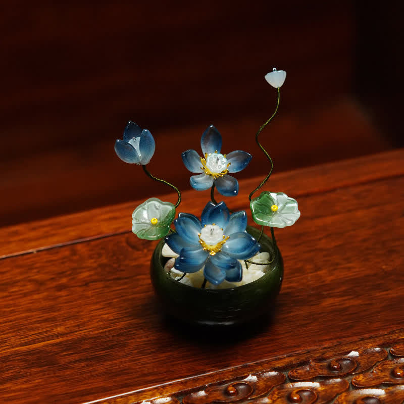Lotus Liuli Crystal Flowerpot – blooming blue lotus with lily pad on rosewood surface, carved stone petals, mindful living ornament