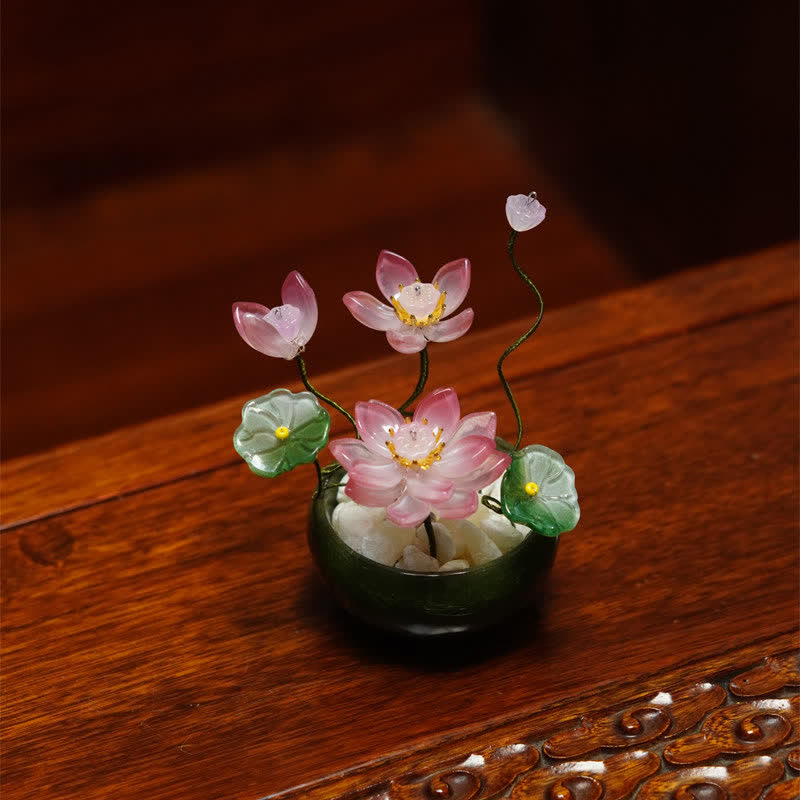 Lotus Liuli Crystal Flowerpot – rose-pink lotus bloom with golden stamens on carved wood, frosted crystal petals, zen decor