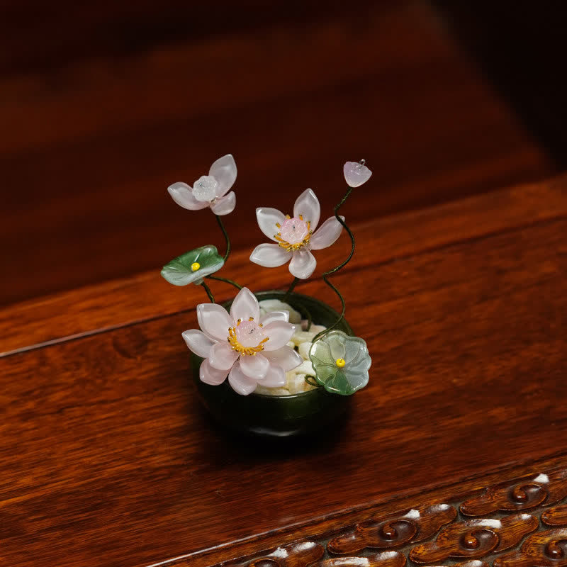 Lotus Liuli Crystal Flowerpot – three pink lotus stages from bud to full bloom on rosewood, scholar desk ornament, liuli craft