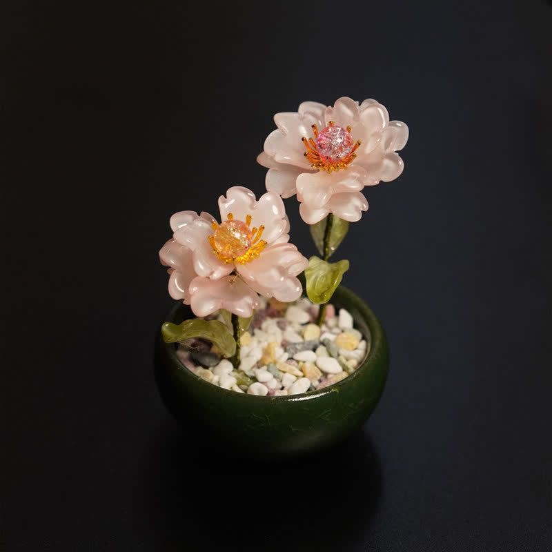 Peony Lotus Liuli Flowerpot – Blush pink peonies in deep green jade bowl, beauty decor